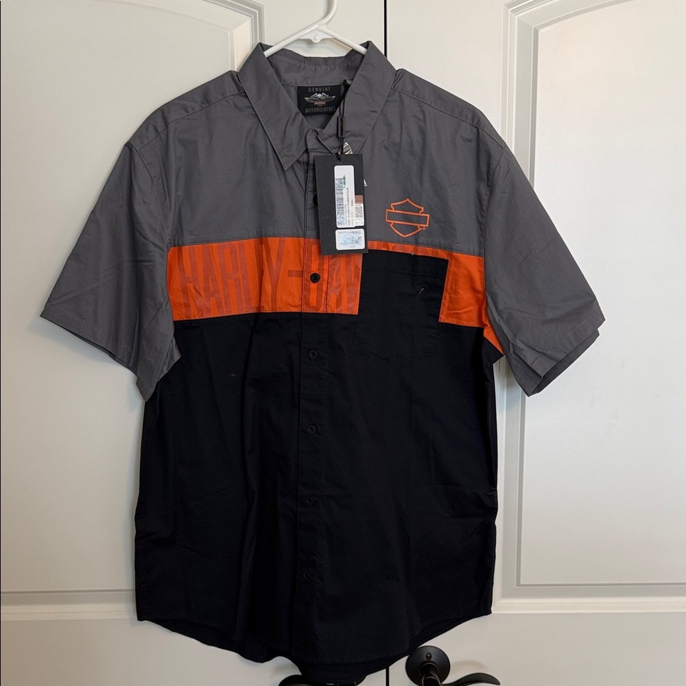 Harley-Davidson Men's Black, Gray, and Orange Button Down Shirt